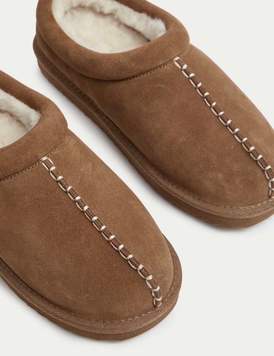 Marks & Spencer M&S Suede Faux Fur Lined Mule Clog Slippers Chestnut - 2