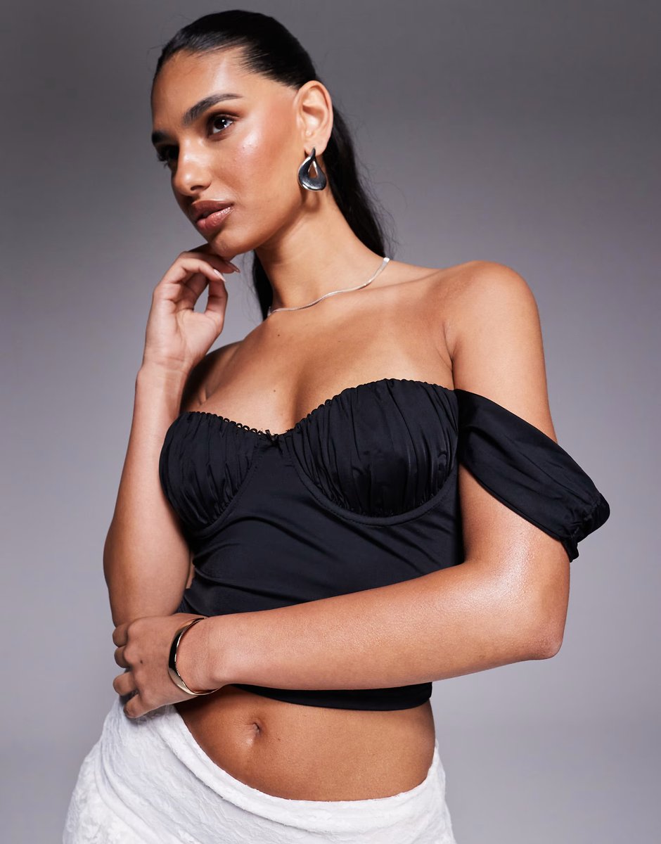 ASOS Princess Polly Candyce ruched cup detail fallen shoulder corset top in black - 3