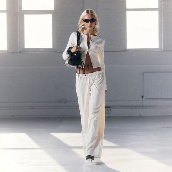 EGO Drawstring Waist Straight Leg Trousers In Cream Ribbed, Women's Size UK 4 - 1