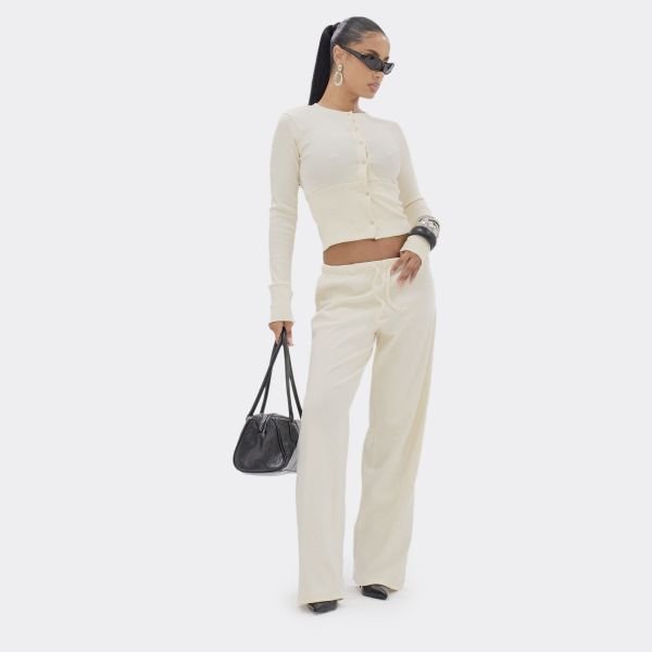 EGO Drawstring Waist Straight Leg Trousers In Cream Ribbed, Women's Size UK 4 - 2