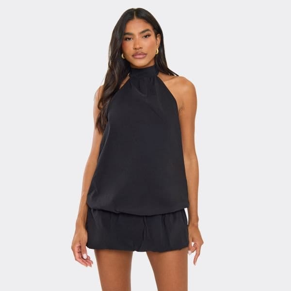 EGO High Neck Sleeveless Puffball Mini Dress In Black, Women's Size UK 12 - 1
