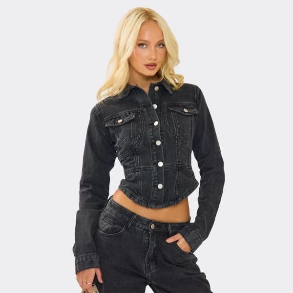 EGO Cinched Waist Curved Hem Button Down Jacket In Black Denim, Women's Size UK 6 - 1
