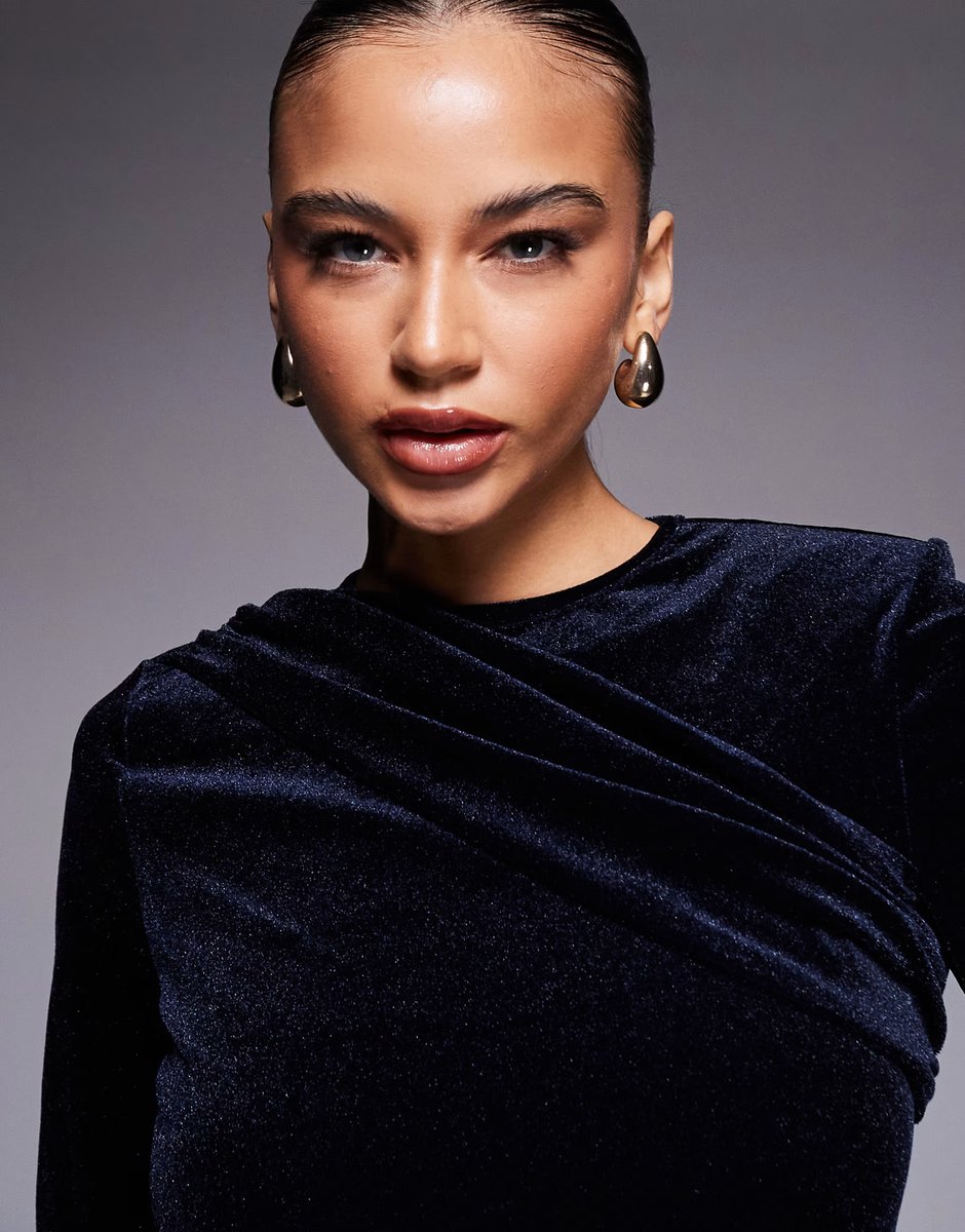 ASOS Ruched & Ready removable shoulder pad detail drape front long sleeve sculpting velvet body co-ord in navy - 2