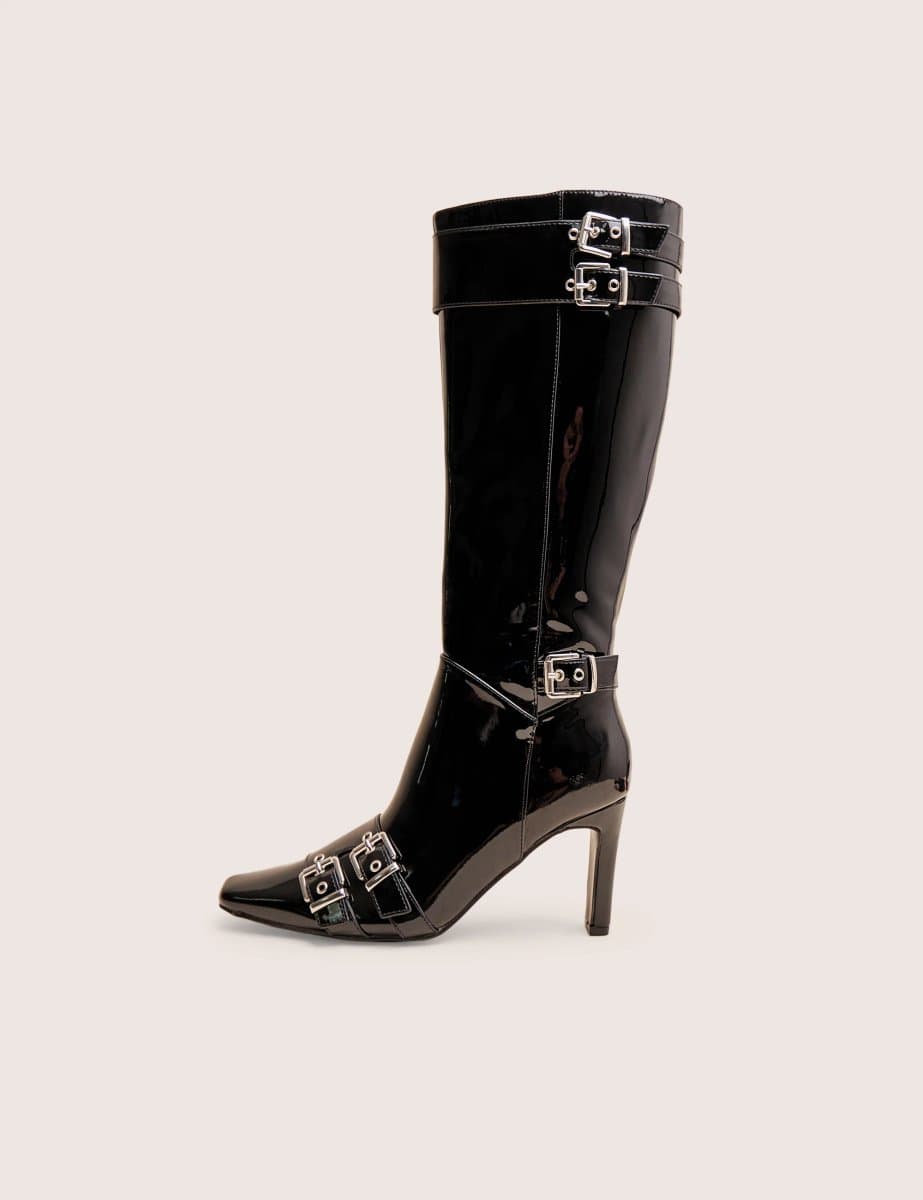 Public Desire Ines Black Patent Buckle Detail Knee High Heeled Boots