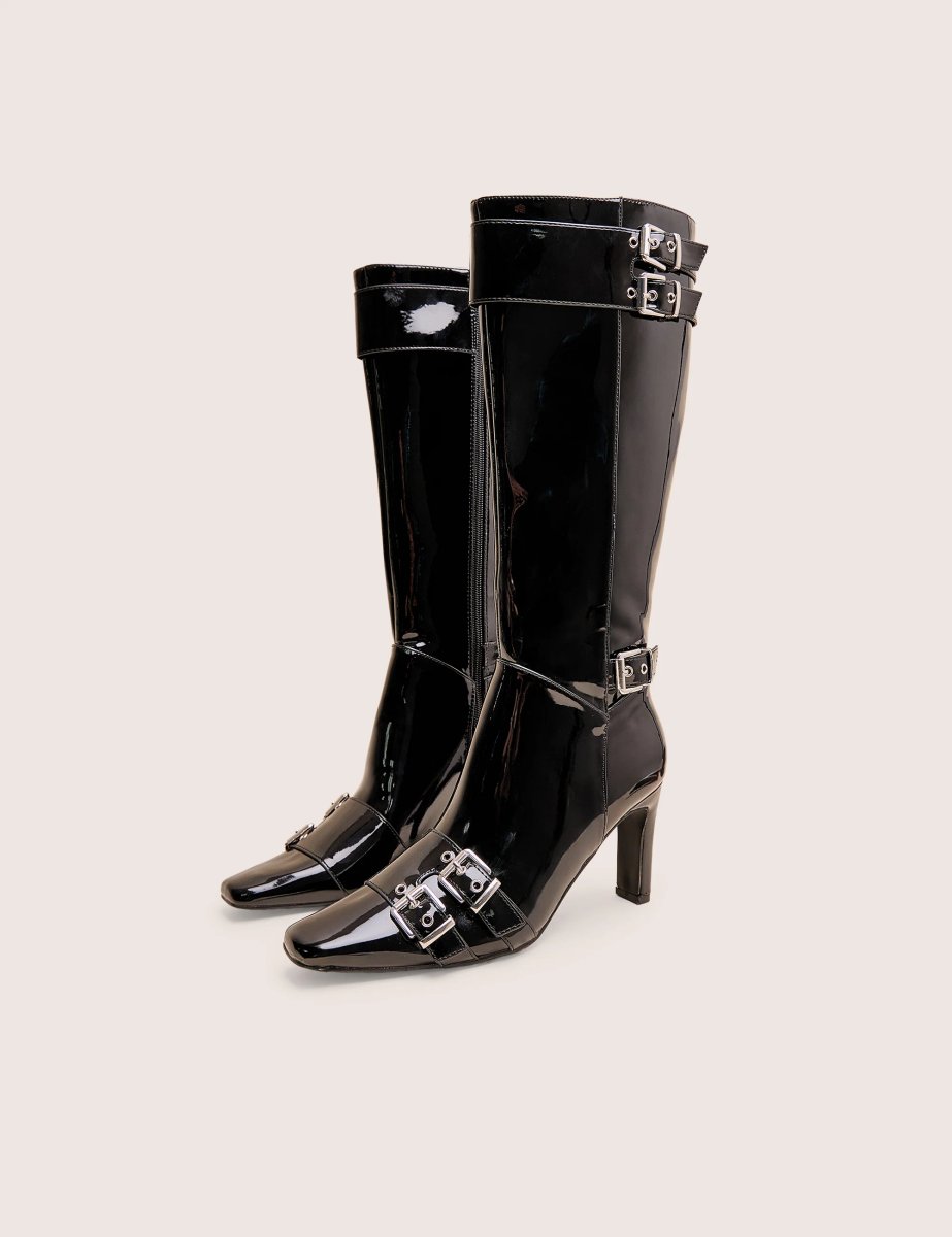 Public Desire Ines Black Patent Buckle Detail Knee High Heeled Boots - 2