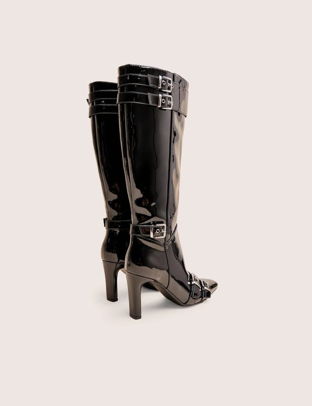Public Desire Ines Black Patent Buckle Detail Knee High Heeled Boots - 3