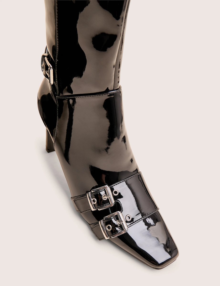 Public Desire Ines Black Patent Buckle Detail Knee High Heeled Boots - 4