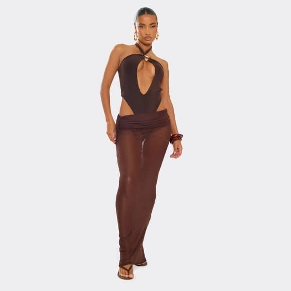 EGO Low Waist Fold Over Tie Side Detail Ruched Maxi Skirt In Brown Mesh, Women's Size UK 14