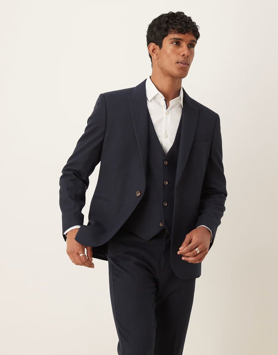 ASOS ASOS DESIGN slim suit jacket in navy herringbone wool look