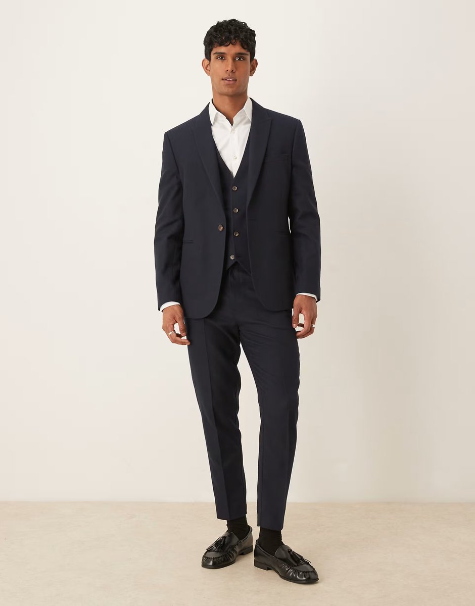 ASOS ASOS DESIGN slim suit jacket in navy herringbone wool look - 2