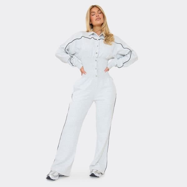 EGO Contrast Stripe Popper Detail Sweat Jumpsuit In Grey Marl, Women's Size UK 6