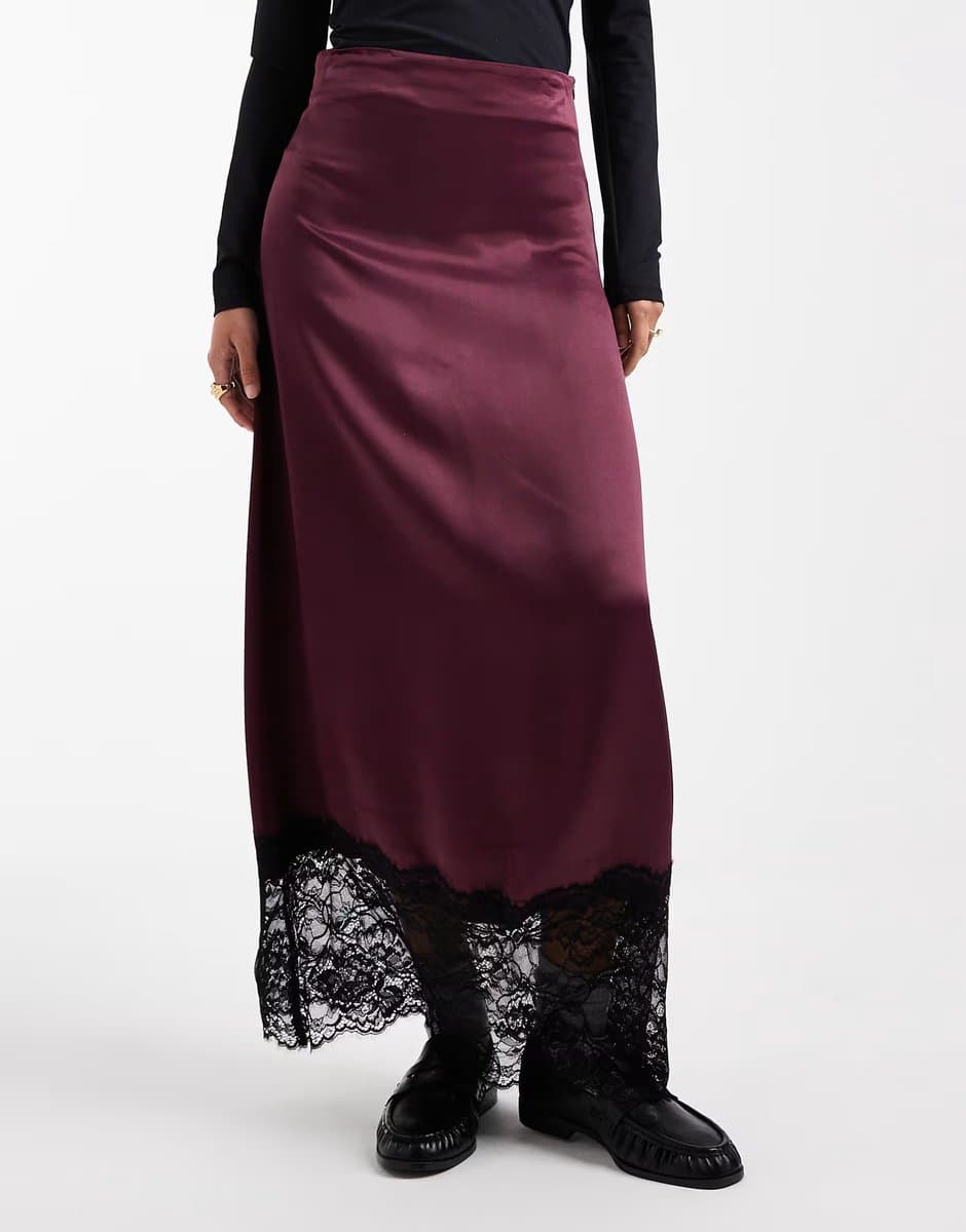 ASOS Miss Selfridge satin and lace bias maxi skirt in fig