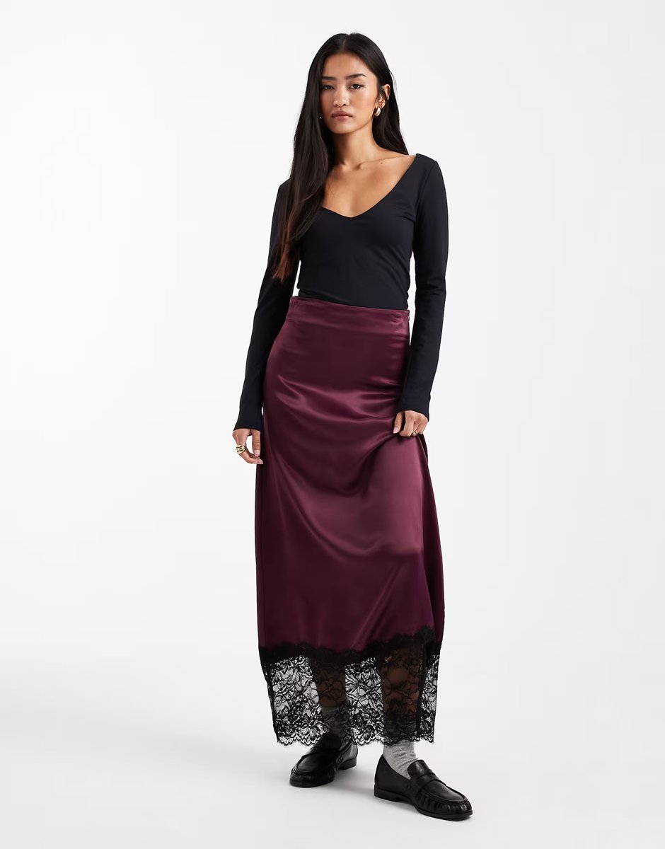 ASOS Miss Selfridge satin and lace bias maxi skirt in fig - 2