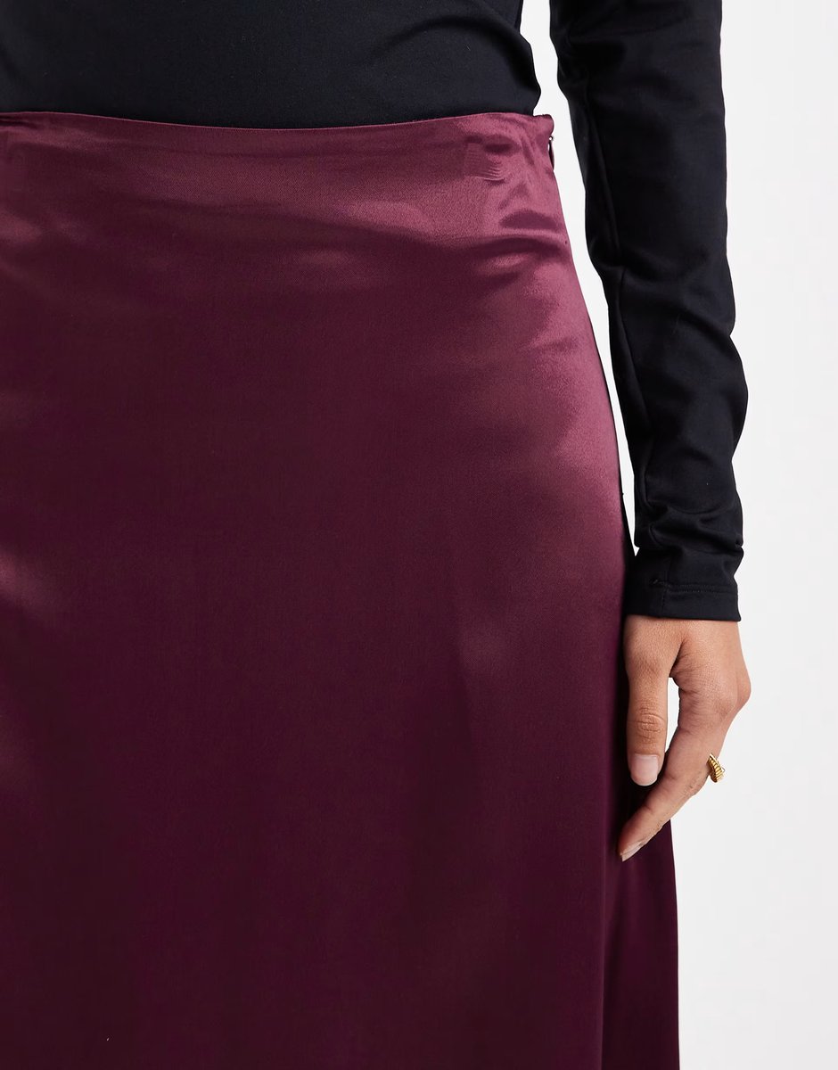 ASOS Miss Selfridge satin and lace bias maxi skirt in fig - 3