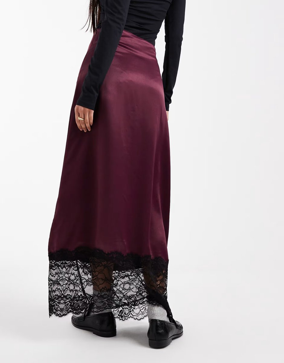 ASOS Miss Selfridge satin and lace bias maxi skirt in fig - 4