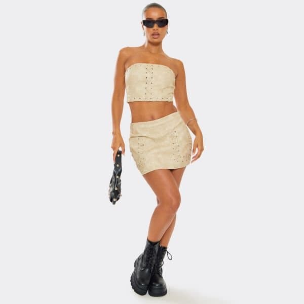 EGO Mid Waist Lace Up Pocket Detail Mini Skirt In Stone Faux Leather, Women's Size UK 6