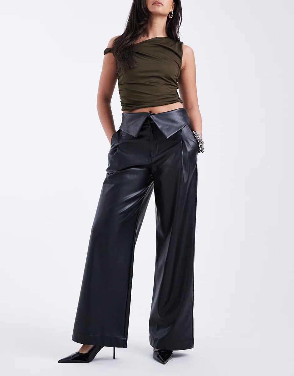 ASOS ASOS DESIGN faux leather wide leg trousers with fold over waist detail in black