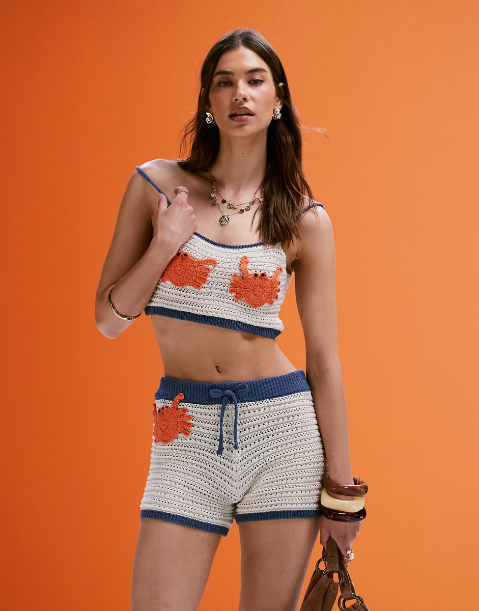 ASOS ASOS DESIGN mock crochet shorts with applique crab co-ord - 2