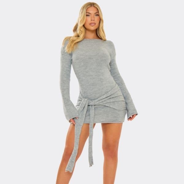 EGO EGO Grey Long Flared Sleeve Drape Detail Mini Dress
