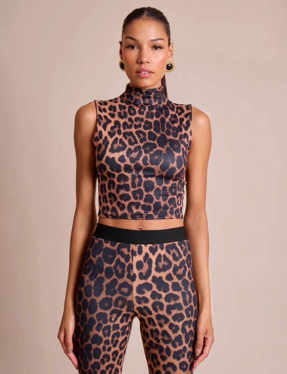 Public Desire Public Desire Luxe High Neck Slinky Crop Top in Leopard