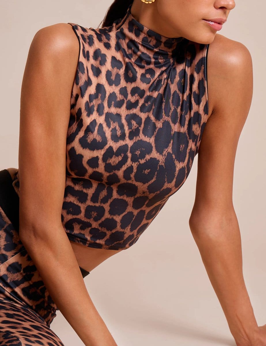 Public Desire High Neck Luxe Slinky Crop Top Leopard - 4