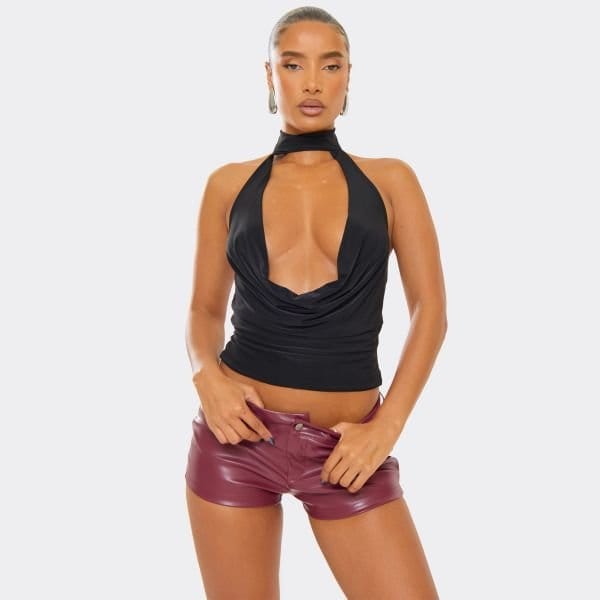 EGO Low Rise Hotpant Shorts In Plum Faux Leather, Women's Size UK 10 - 1