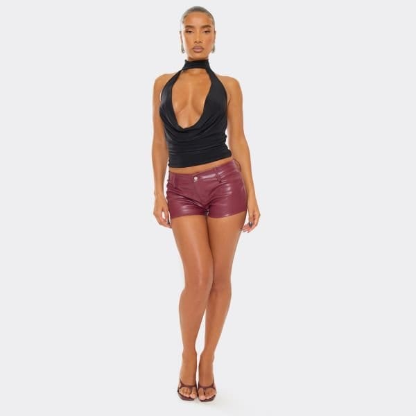 EGO Low Rise Hotpant Shorts In Plum Faux Leather, Women's Size UK 10 - 2