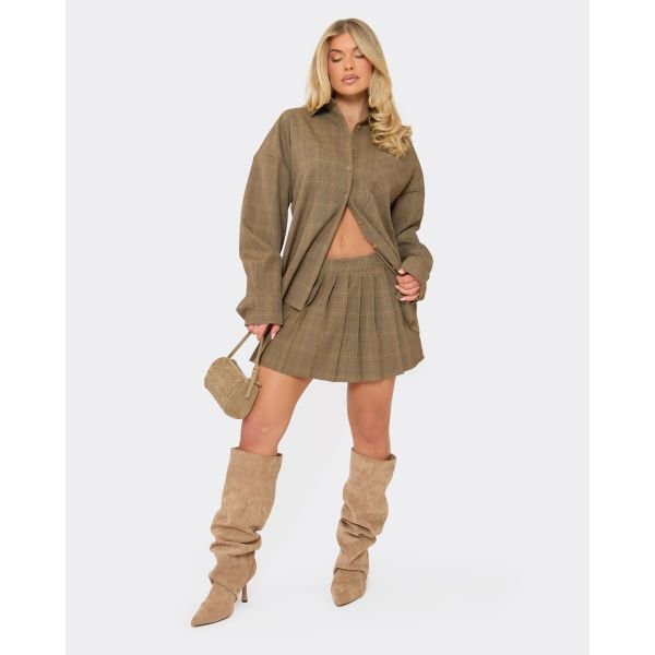 EGO Mid Rise Pleated Mini Skirt In Brown Check Print, Women's Size UK 6 - 2