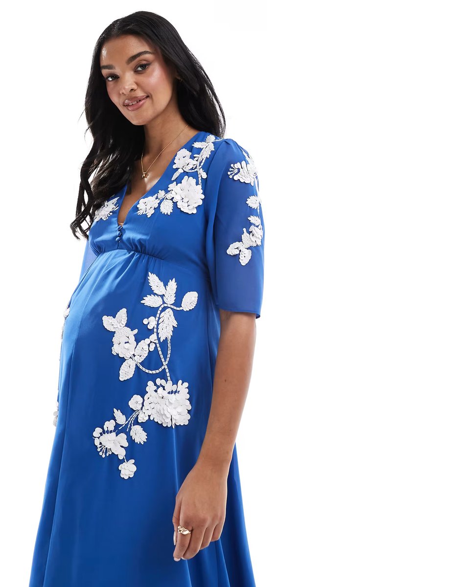ASOS Hope & Ivy Maternity plunge front embellished maxi dress in blue - 4
