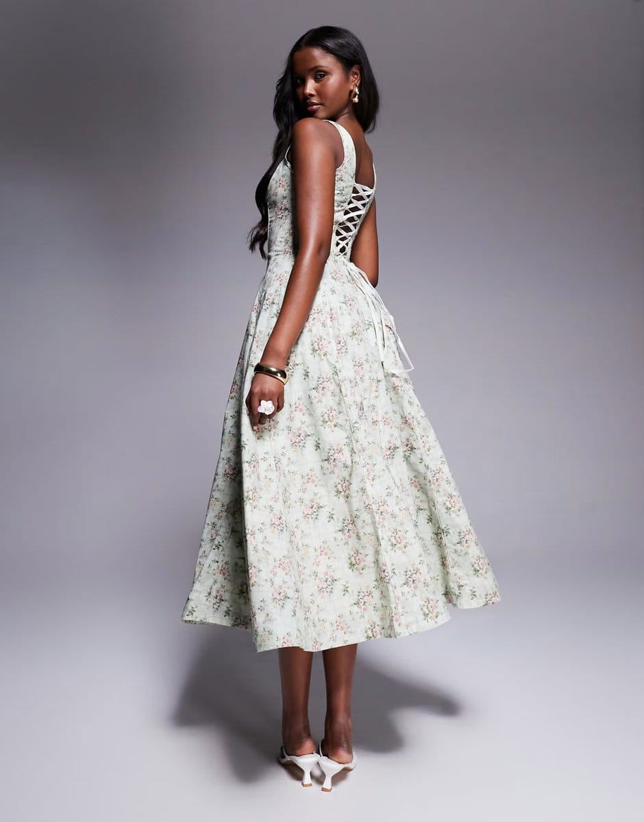 ASOS House of CB Mariabella print cotton midi dress in sage floral - 1