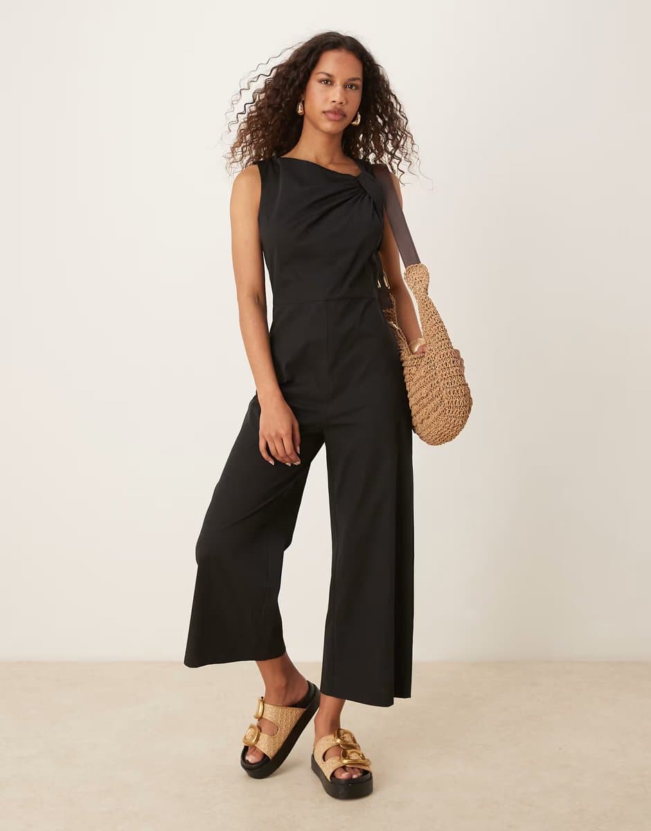 ASOS Mango knotted shoulder detail woven jumpsuit in black