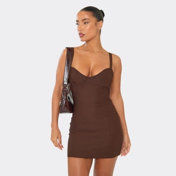EGO Cupped Strappy Back Detail Mini Bodycon Dress In Chocolate Brown Woven, Women's Size UK 12