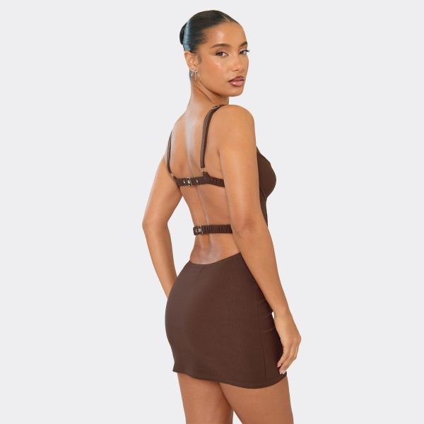 EGO Cupped Strappy Back Detail Mini Bodycon Dress In Chocolate Brown Woven, Women's Size UK 12 - 2