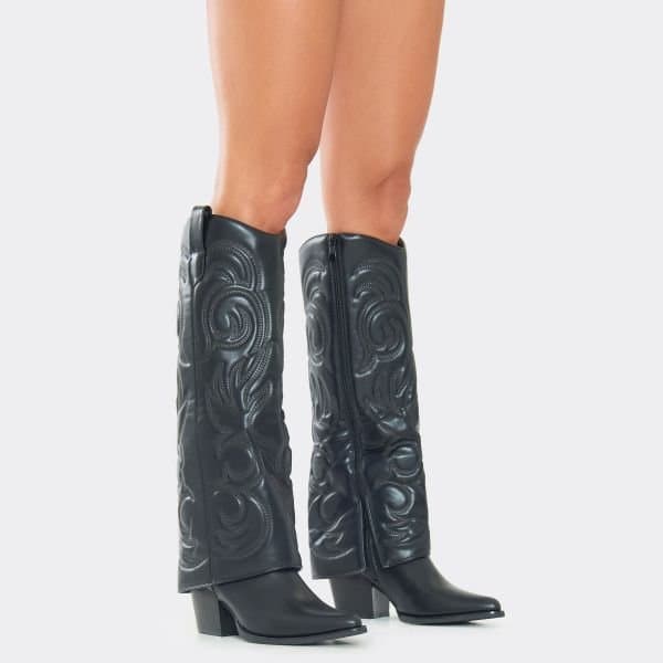 EGO Charmer Embroidered Layered Detail Pointed Toe Knee High Western Cowboy Boot In Black Faux Leather, Women's Size UK 3