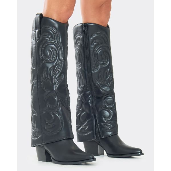 EGO Charmer Embroidered Layered Detail Pointed Toe Knee High Western Cowboy Boot In Black Faux Leather, Women's Size UK 3 - 2