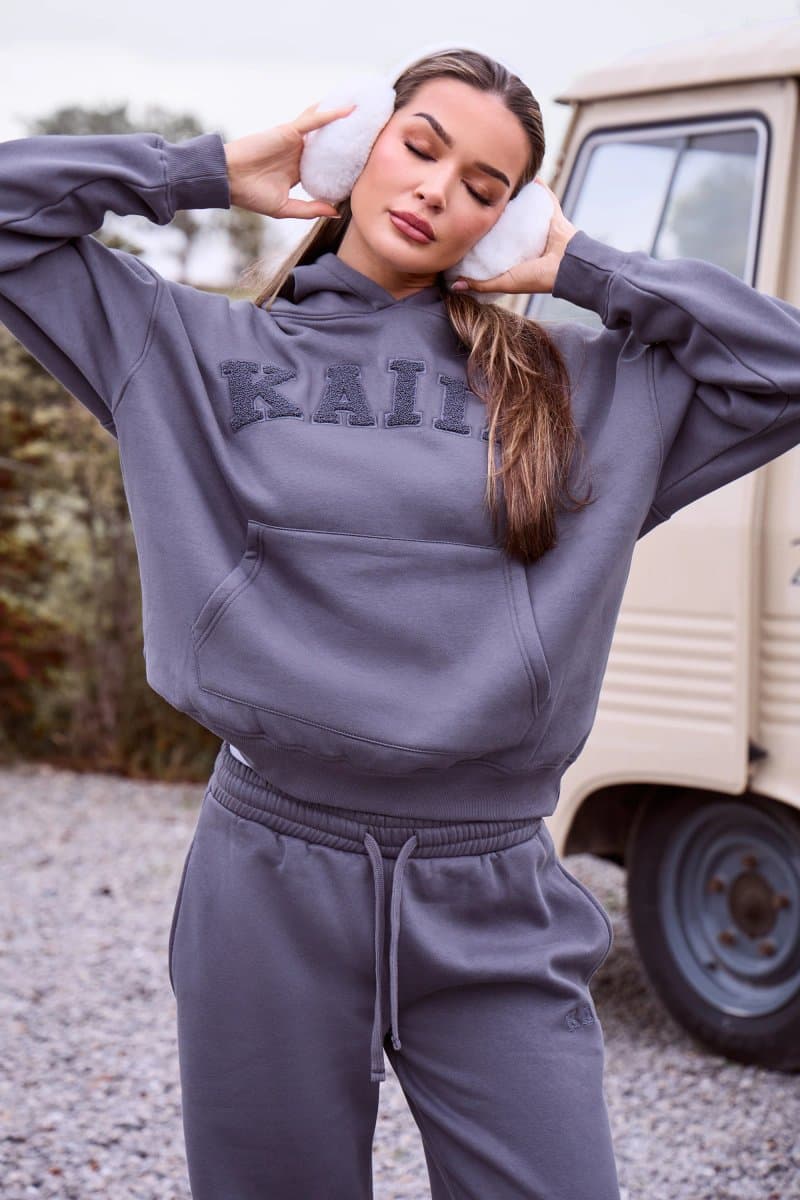 Kaiia Kaiia Borg Slogan Oversized Hoodie Petrol Grey