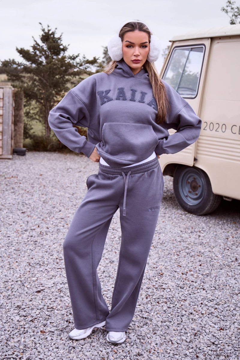 Kaiia Kaiia Borg Slogan Oversized Hoodie Petrol Grey - 2