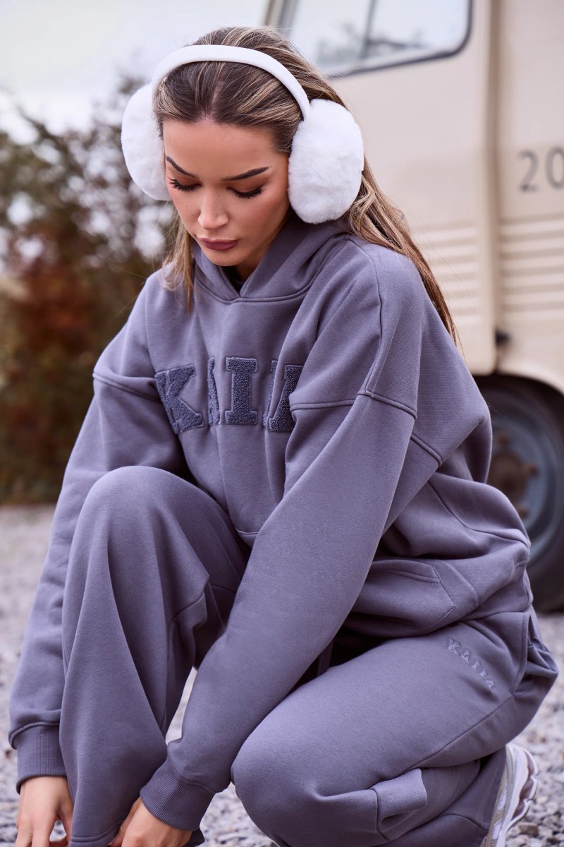 Kaiia Kaiia Borg Slogan Oversized Hoodie Petrol Grey - 3