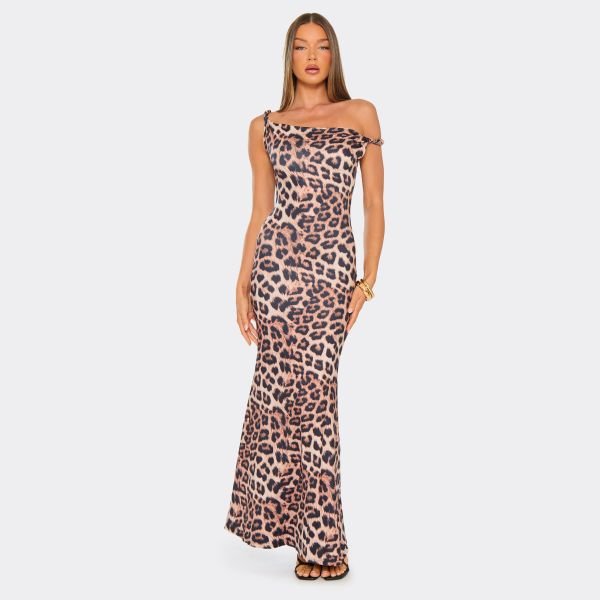 EGO Off The Shoulder Twist Strap Detail Maxi Dress In Brown Leopard Print, Women's Size UK Large L - 1