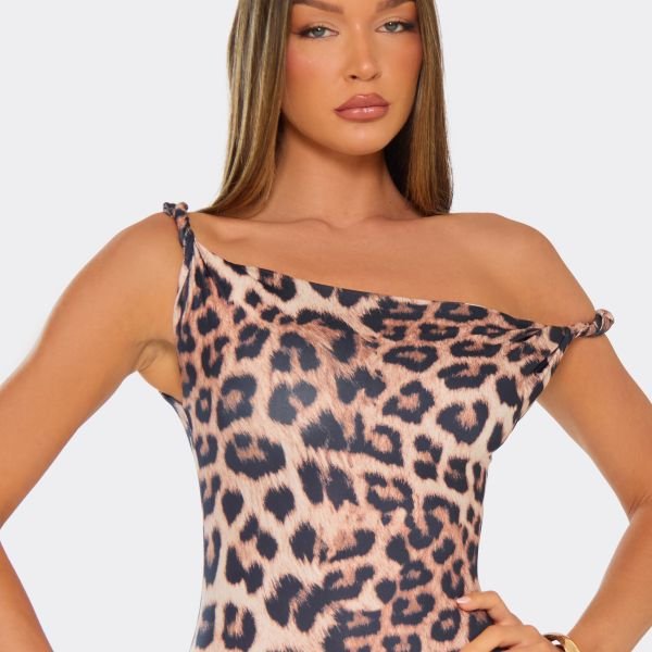 EGO Off The Shoulder Twist Strap Detail Maxi Dress In Brown Leopard Print, Women's Size UK Large L - 2