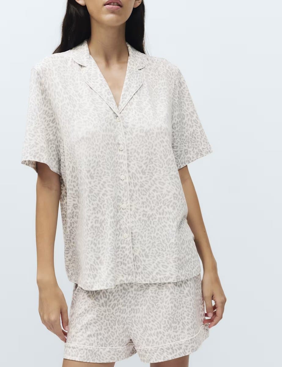 Marks & Spencer M&S Soft Touch Printed Revere Shortie Set Grey Mix