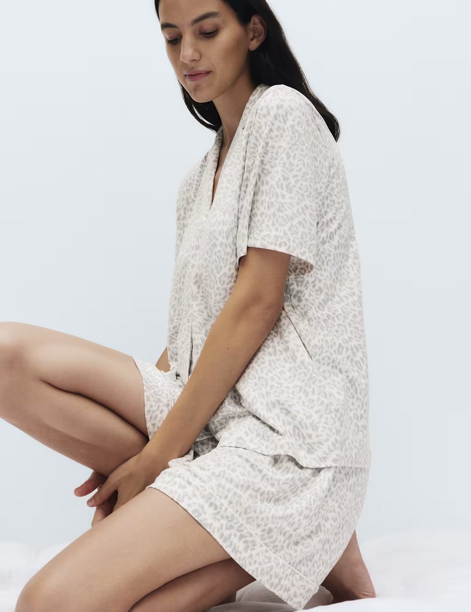 Marks & Spencer M&S Soft Touch Printed Revere Shortie Set Grey Mix - 4