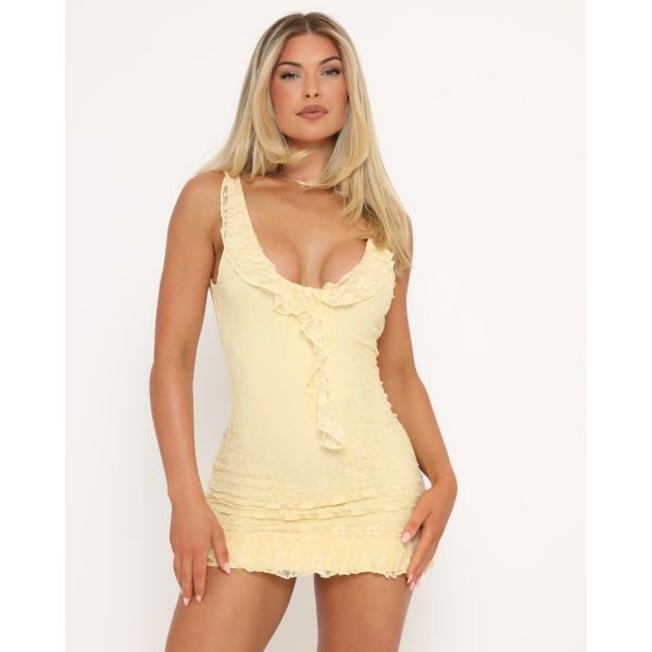 EGO Plunge Neck Frill Trim Mini Dress In Yellow, Women's Size UK Large L - 2
