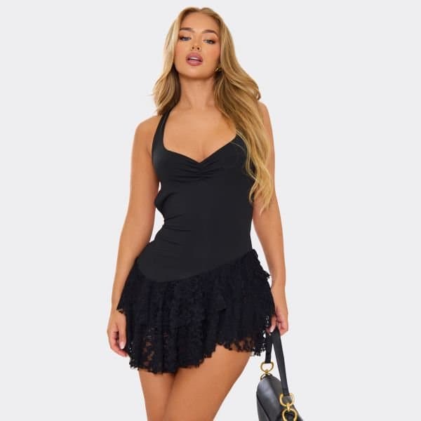 EGO Sweetheart Neck Ruched Bust Skirt Panel Mini Dress In Black Lace, Women's Size UK Small S