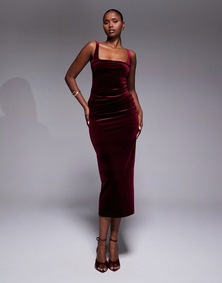 ASOS ASOS DESIGN velvet curved neckline midi dress in berry red - 1