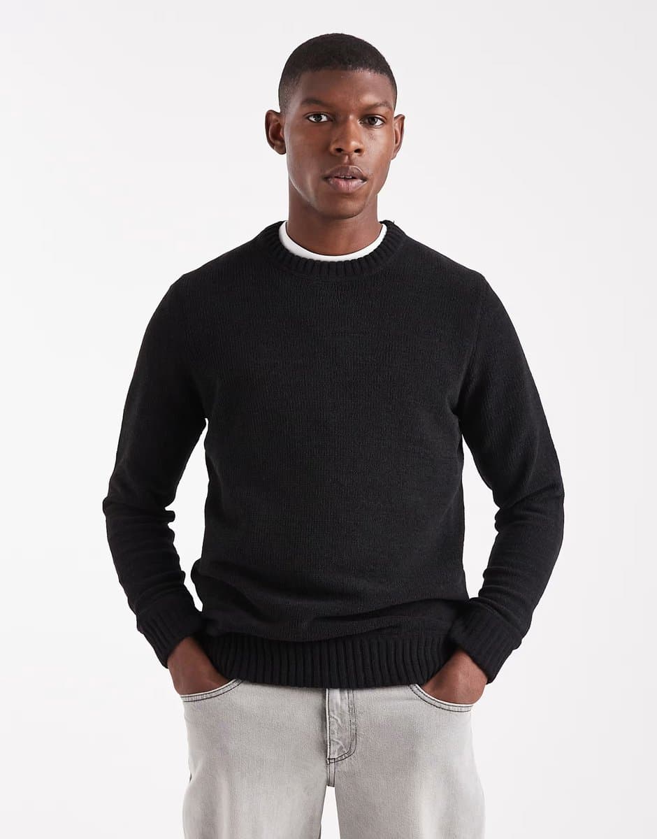 ASOS ONLY & SONS chenille crew neck jumper in black