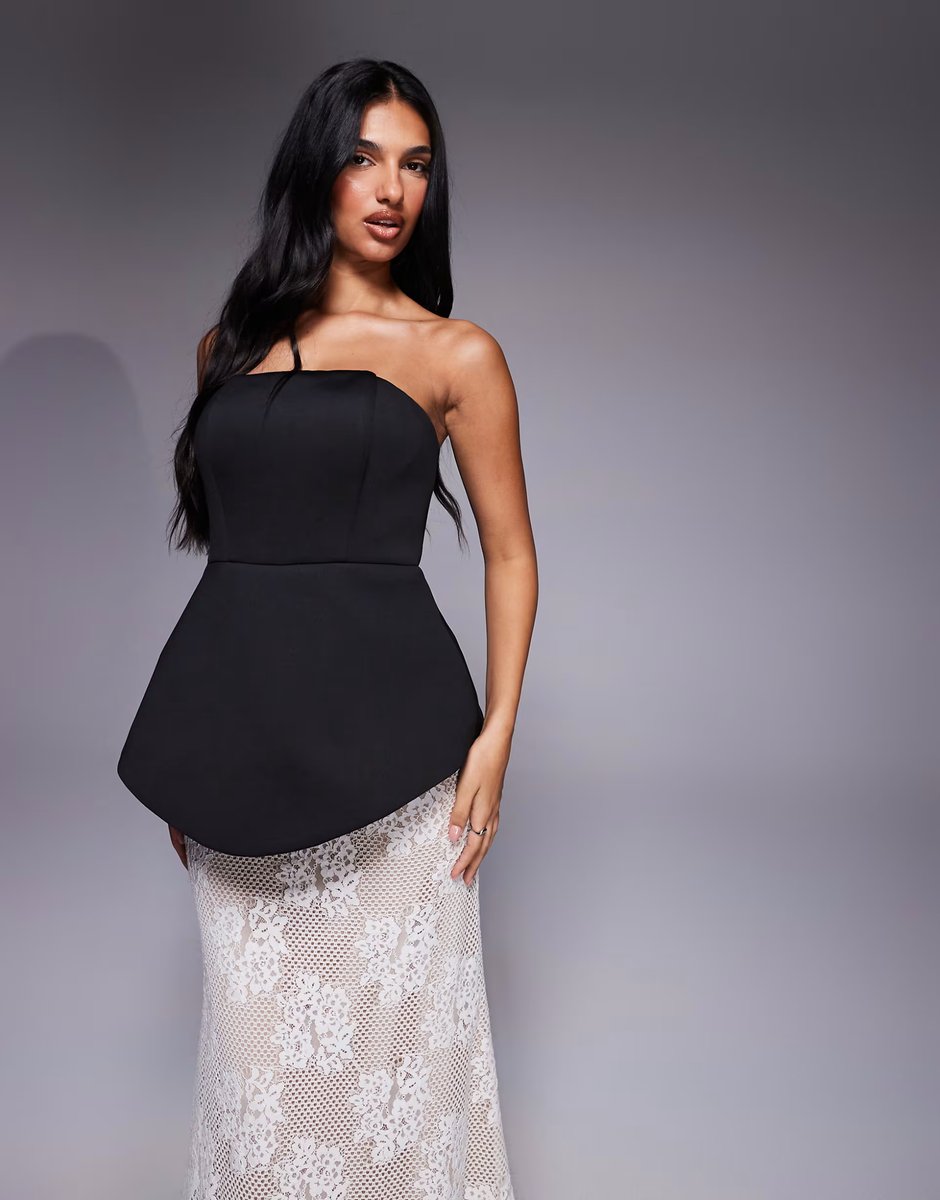 ASOS Jarlo Pip structured bandeau maxi dress with contrast lace skirt in black and white - 4
