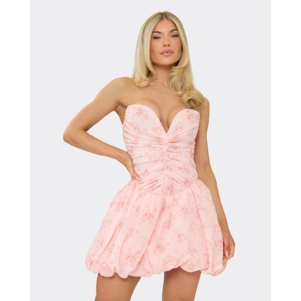 EGO Bandeau Plunge Puffball Hem Detail Mini Dress In Pink Ditsy Floral Print, Women's Size UK 6 - 2