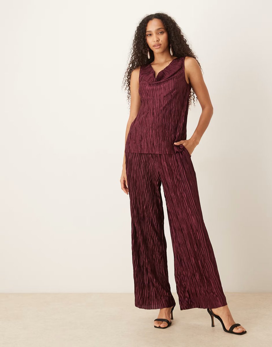 ASOS Vila Plisse down neck top and wide leg trouser co-ord in burgundy - 2