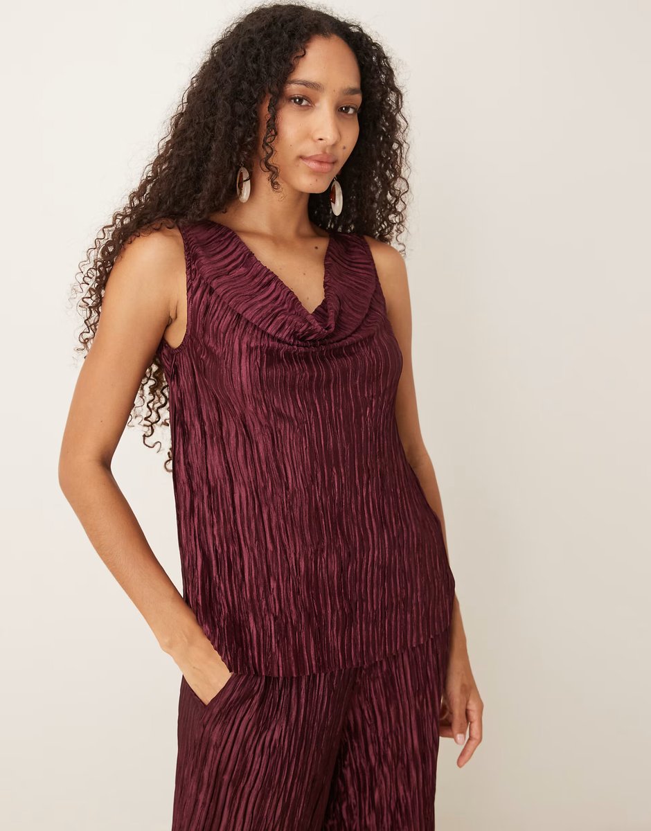 ASOS Vila Plisse down neck top and wide leg trouser co-ord in burgundy - 3